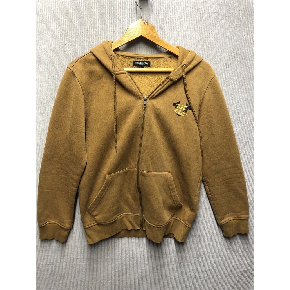 True Religion Brand Jeans Full Zip Hoodie Size Small Dark Mustard Graphic Print